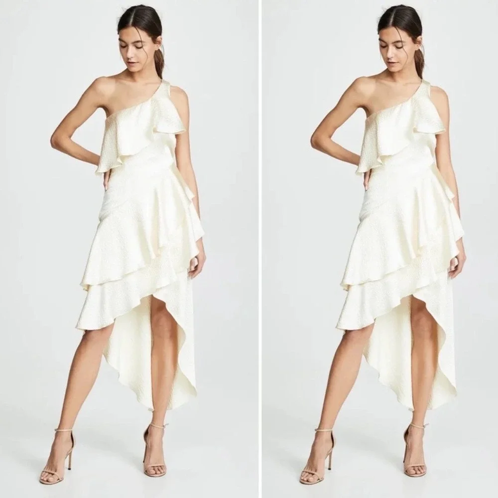 Haney Rae Silk One Shoulder Asymmetrical Tiered Midi Dress Ivory Size 4 Cocktail